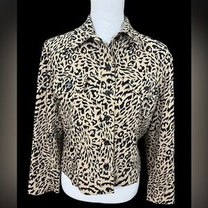 Nina Leonard Jacket Womens SmallPetite Brown Leopard Button Front Lined PTP 19”